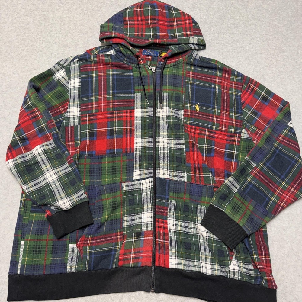 Polo Ralph Lauren Hoodie Mens Big 2X Multicolor Plaid Fleece Full Zip Patchwork